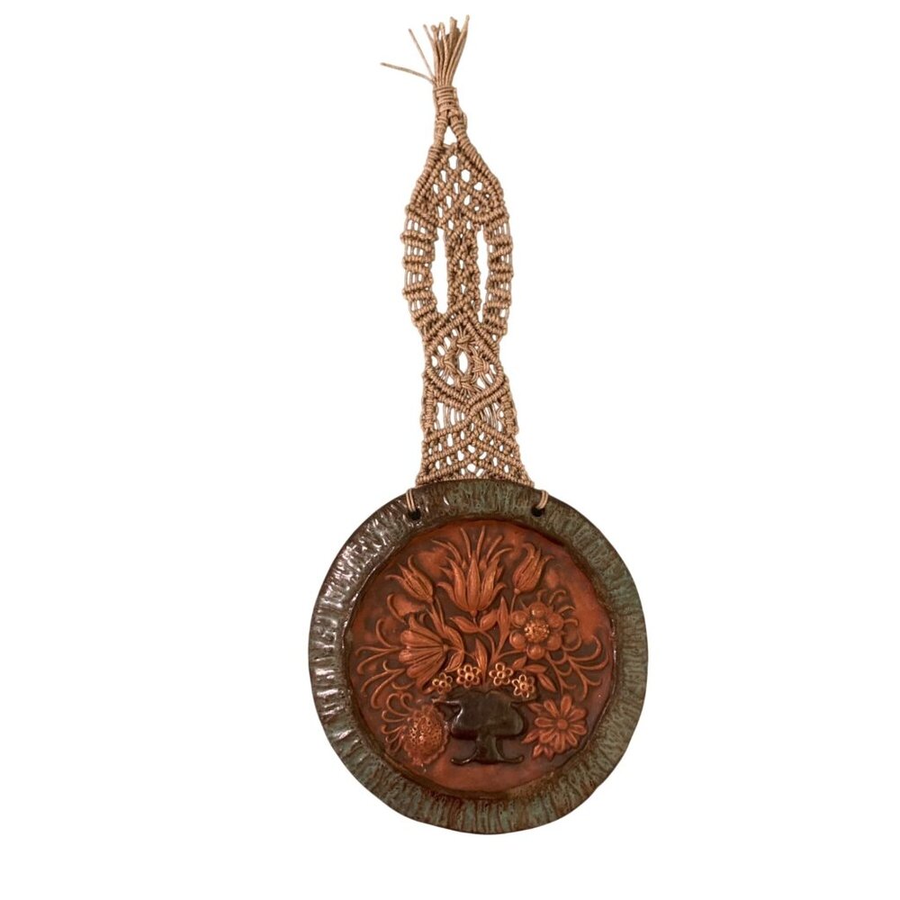Vintage Clay Art Pottery Wall Hanging With Macrame Hanger